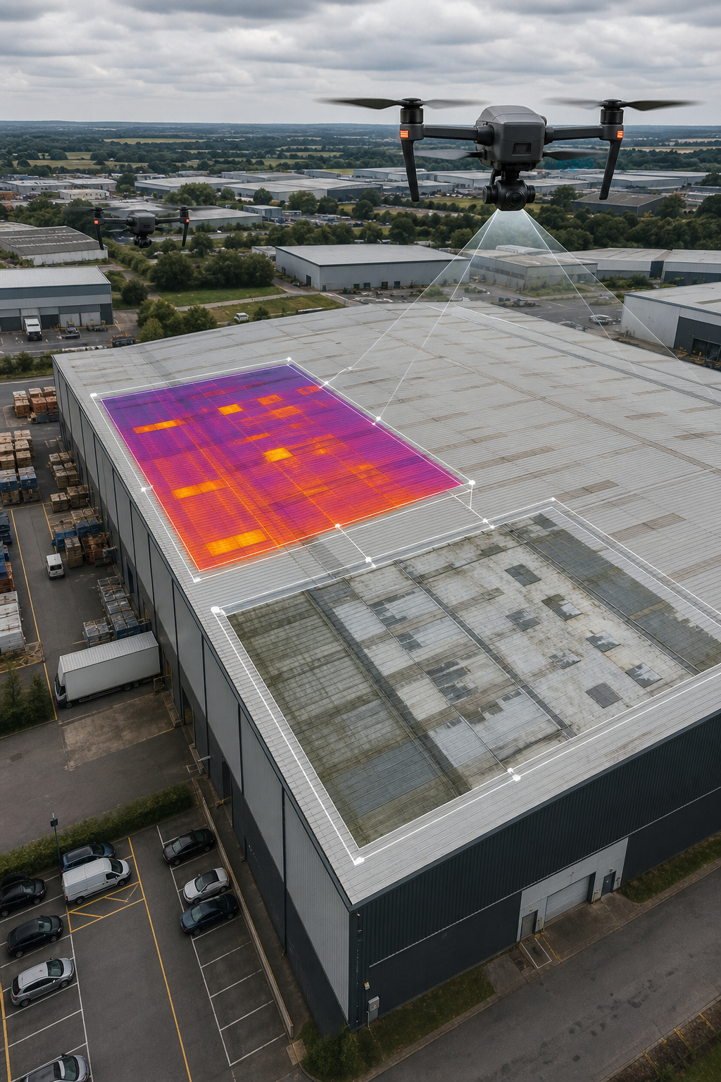 A realistic aerial view of a large commercial roof with drones flying, showing high‑resolution RGB and thermal overlays,