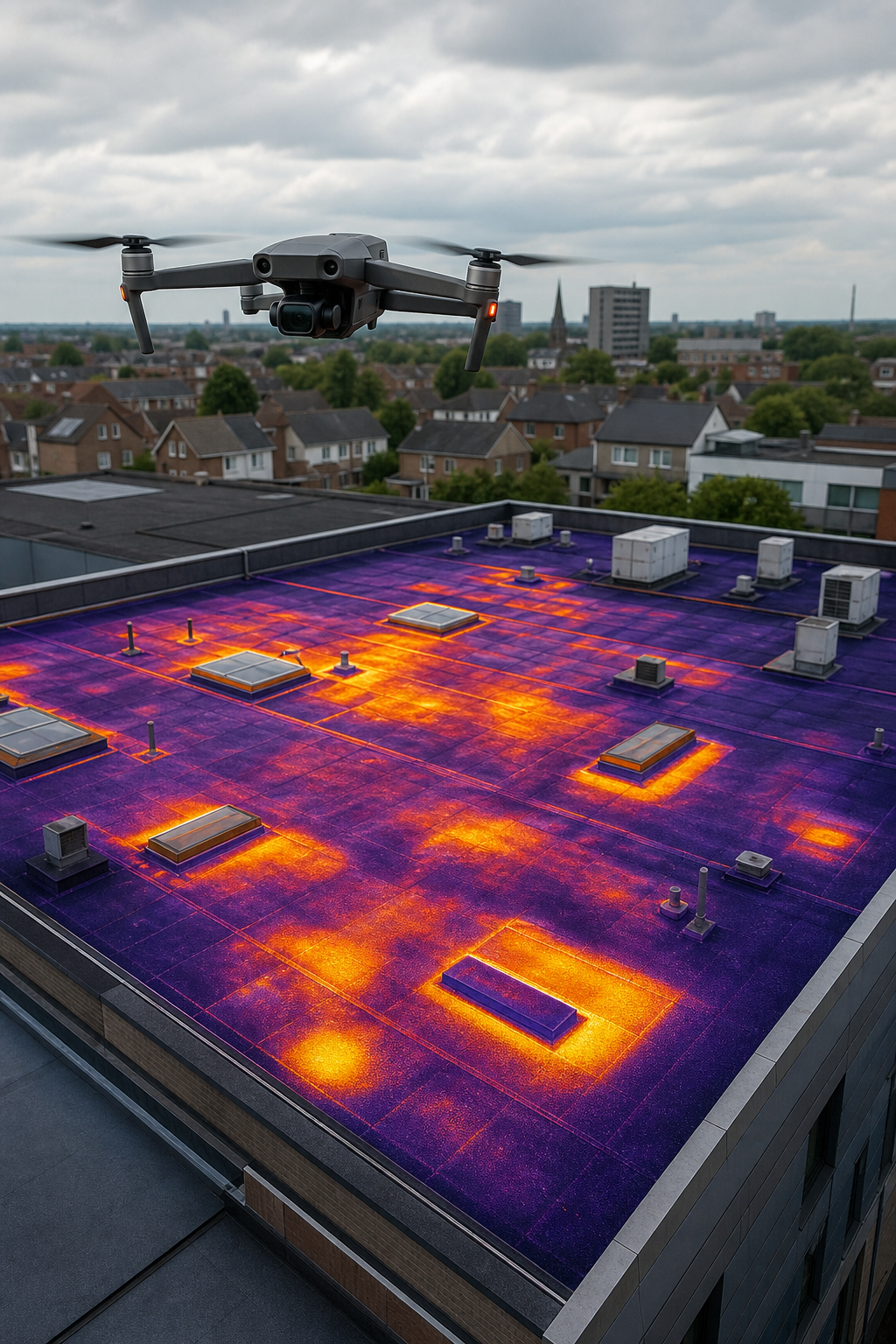 A photorealistic drone hovering over a flat commercial roof with thermal hotspots highlighted, illustrating a Solar Surv