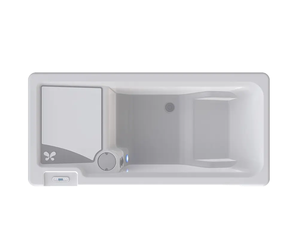 A realistic close‑up of a hand holding a test strip next to a clear hot‑tub water surface, with a digital display showin