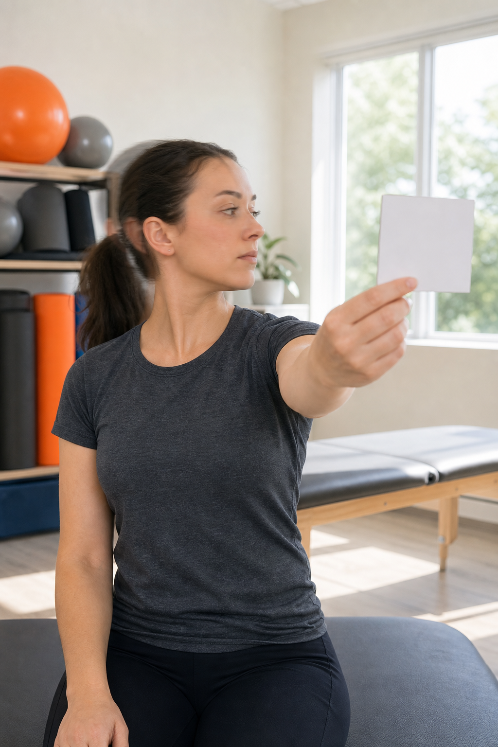 A realistic illustration of a patient performing a head‑turn gaze‑stability exercise in a bright physiotherapy room, foc