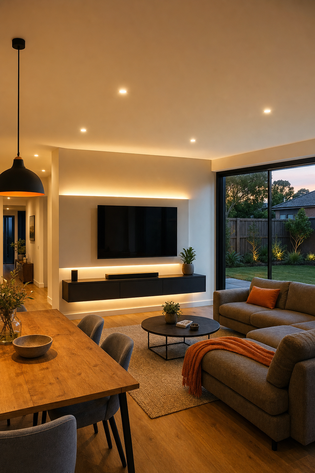 Custom smart home lighting design in Melbourne Eastern Suburbs living room with layered LED and pendant lights.