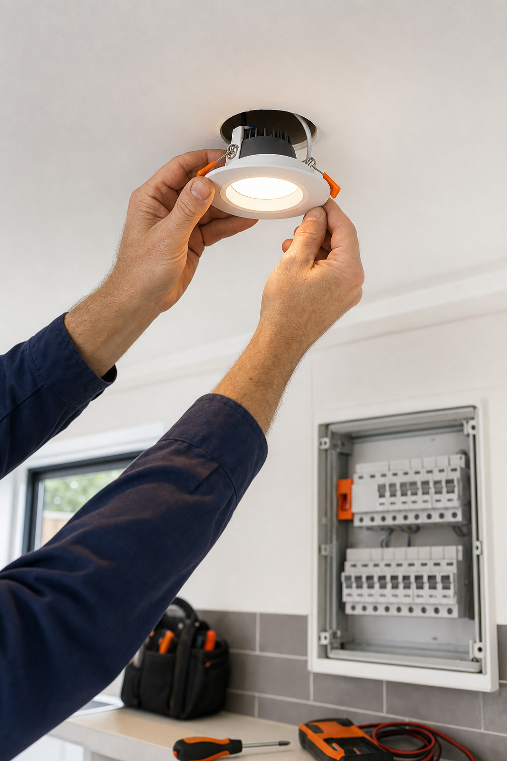 LED downlight retrofit installation for energy-efficient smart home lighting in Melbourne Eastern Suburbs.