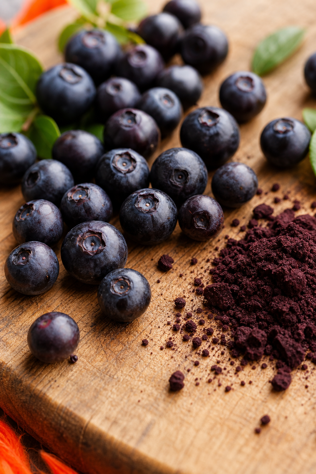A realistic close‑up of fresh bilberry berries scattered on a wooden cutting board, with a handful of dried bilberry pow