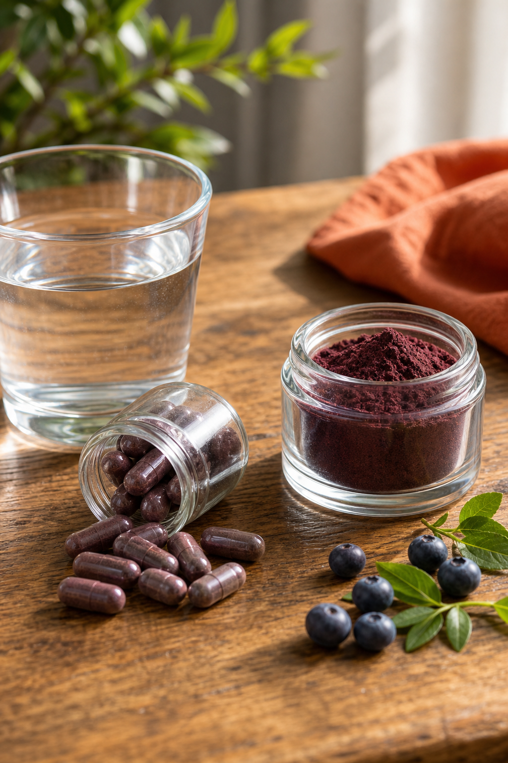 A realistic scene of a wooden table with a glass of water, a handful of dried bilberry capsules spilling out, and a smal