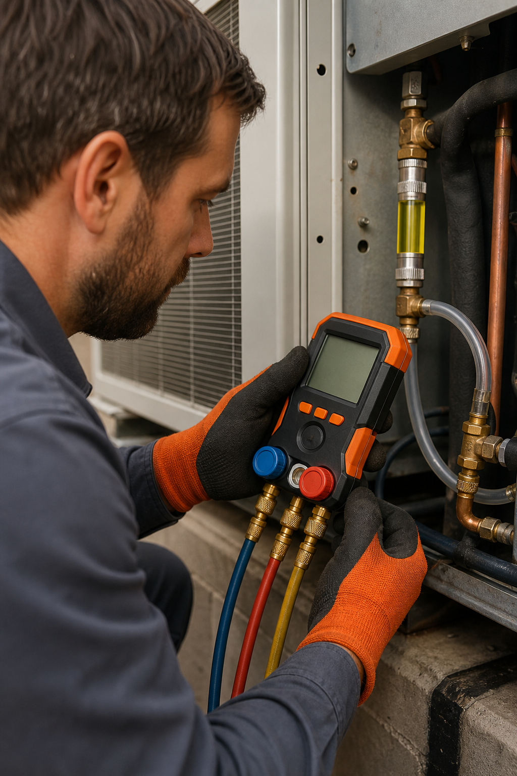 technician inspecting refrigerant levels on AC unit