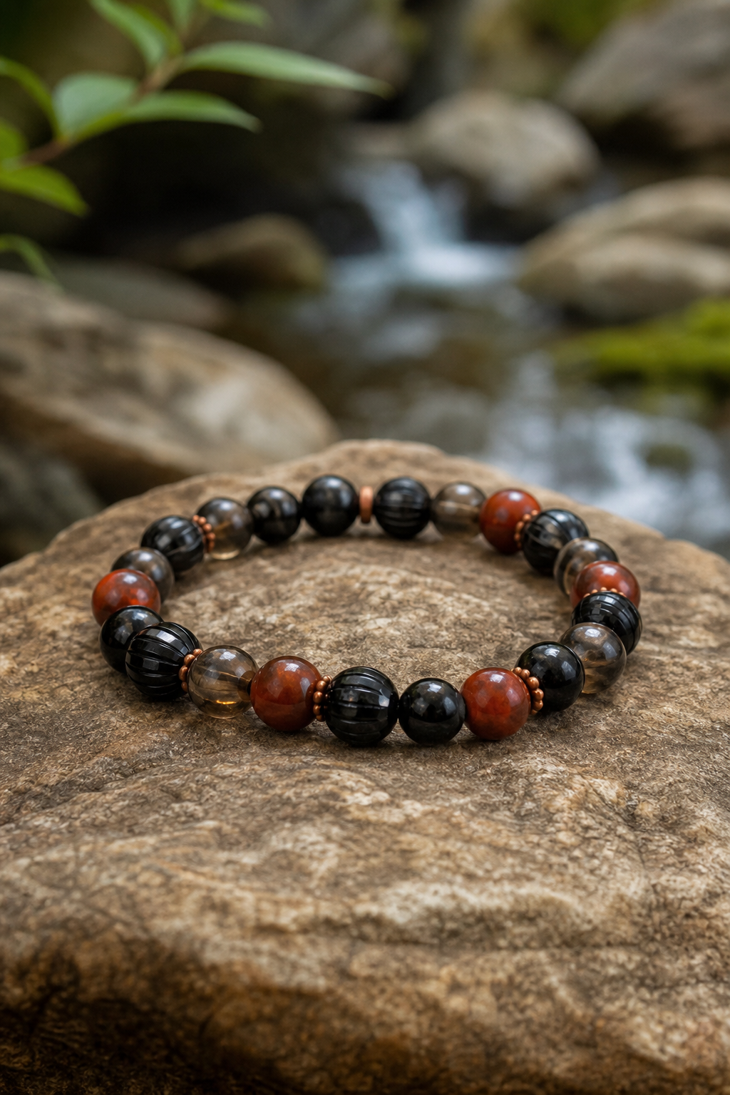 A photorealistic composition of red jasper, black tourmaline, and smoky quartz beads forming a bracelet, soft natural ba