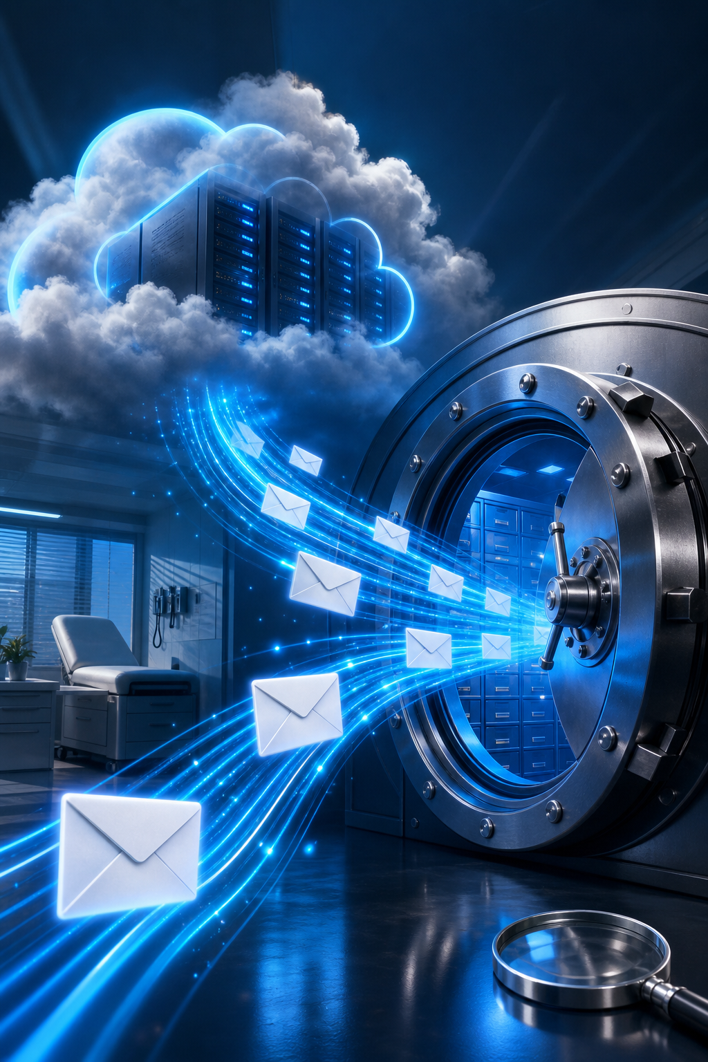 A cinematic illustration of a cloud server with streams of email icons flowing into a secure vault, representing unlimit