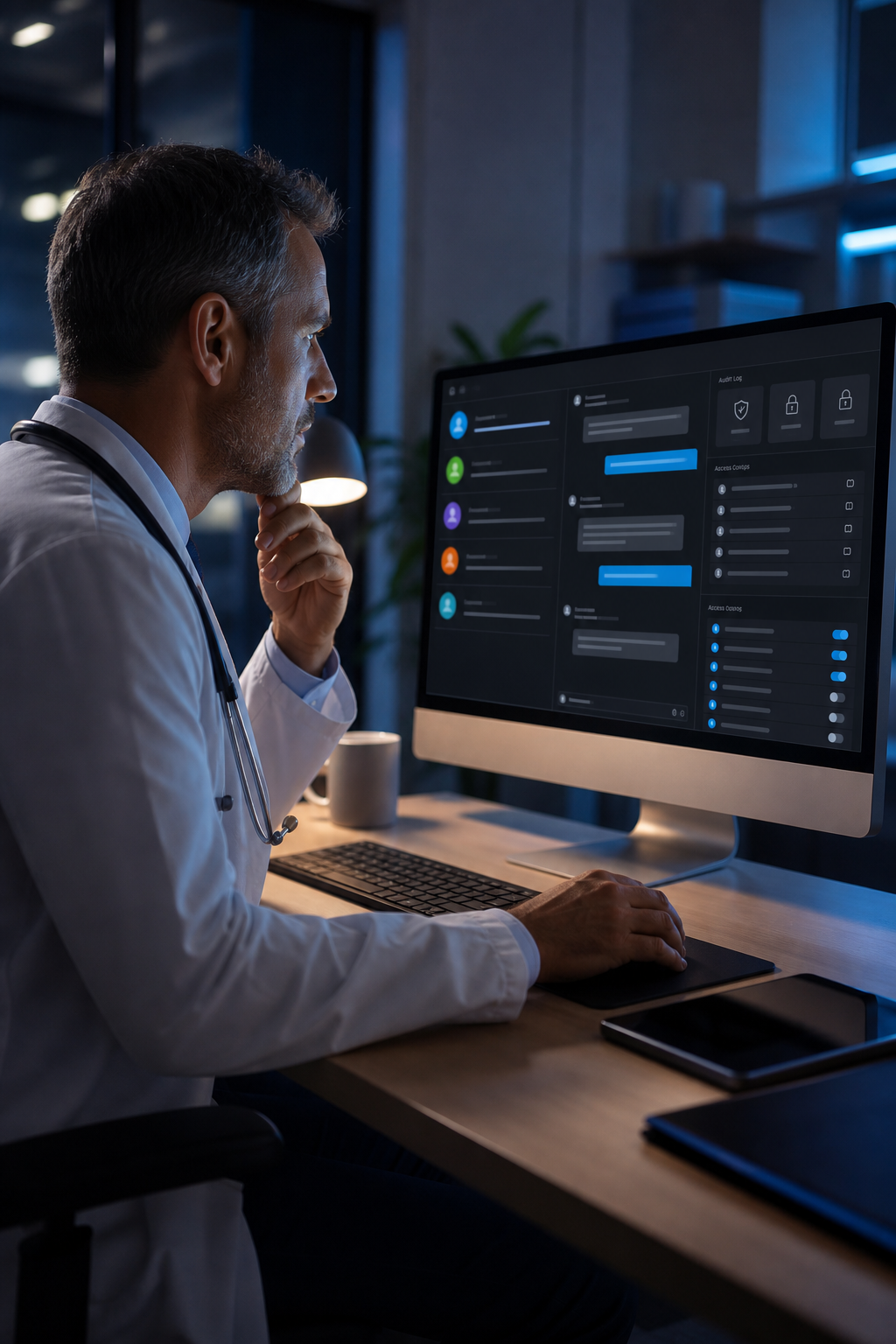 A cinematic scene showing a doctor reviewing a secure messaging dashboard with colored role icons, highlighting audit tr