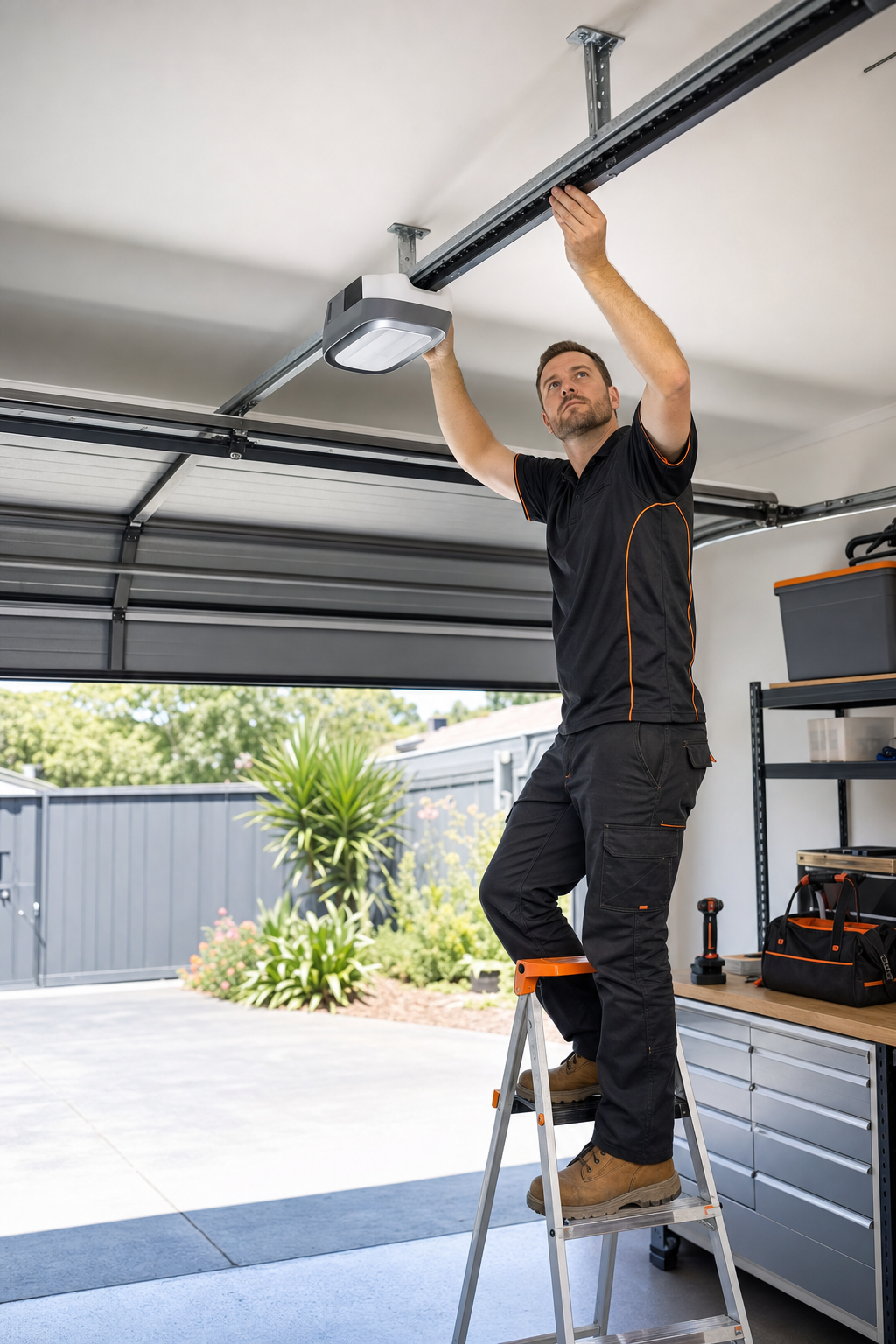 experienced garage door opener installation Melbourne technician adjusting drive rail.