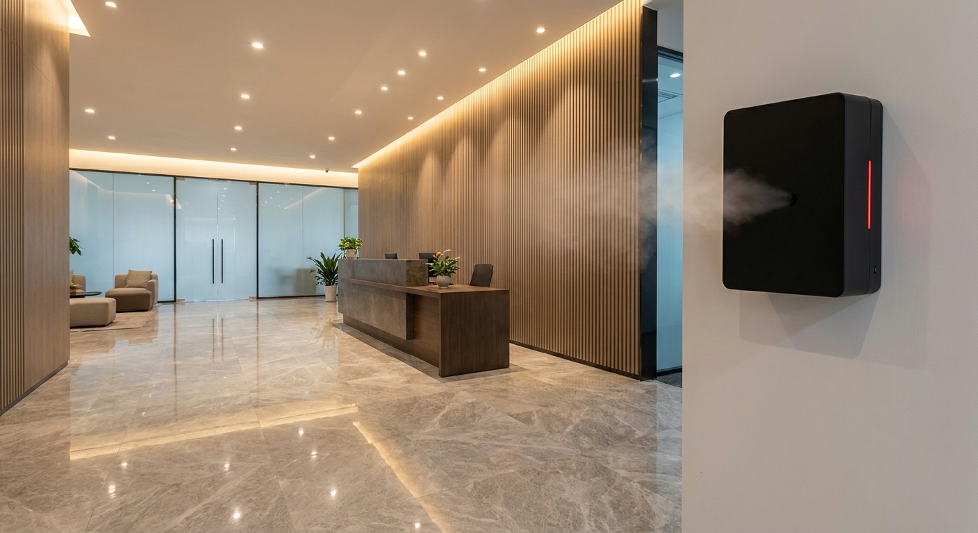 luxury cold air diffuser mounted in a modern office lobby.