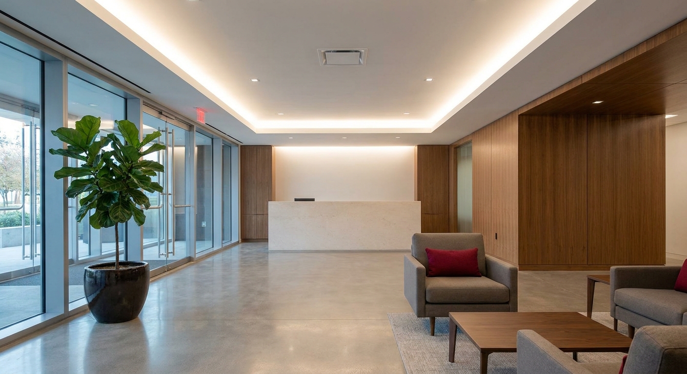 smart integrated cold air diffuser system in a professional office lobby.