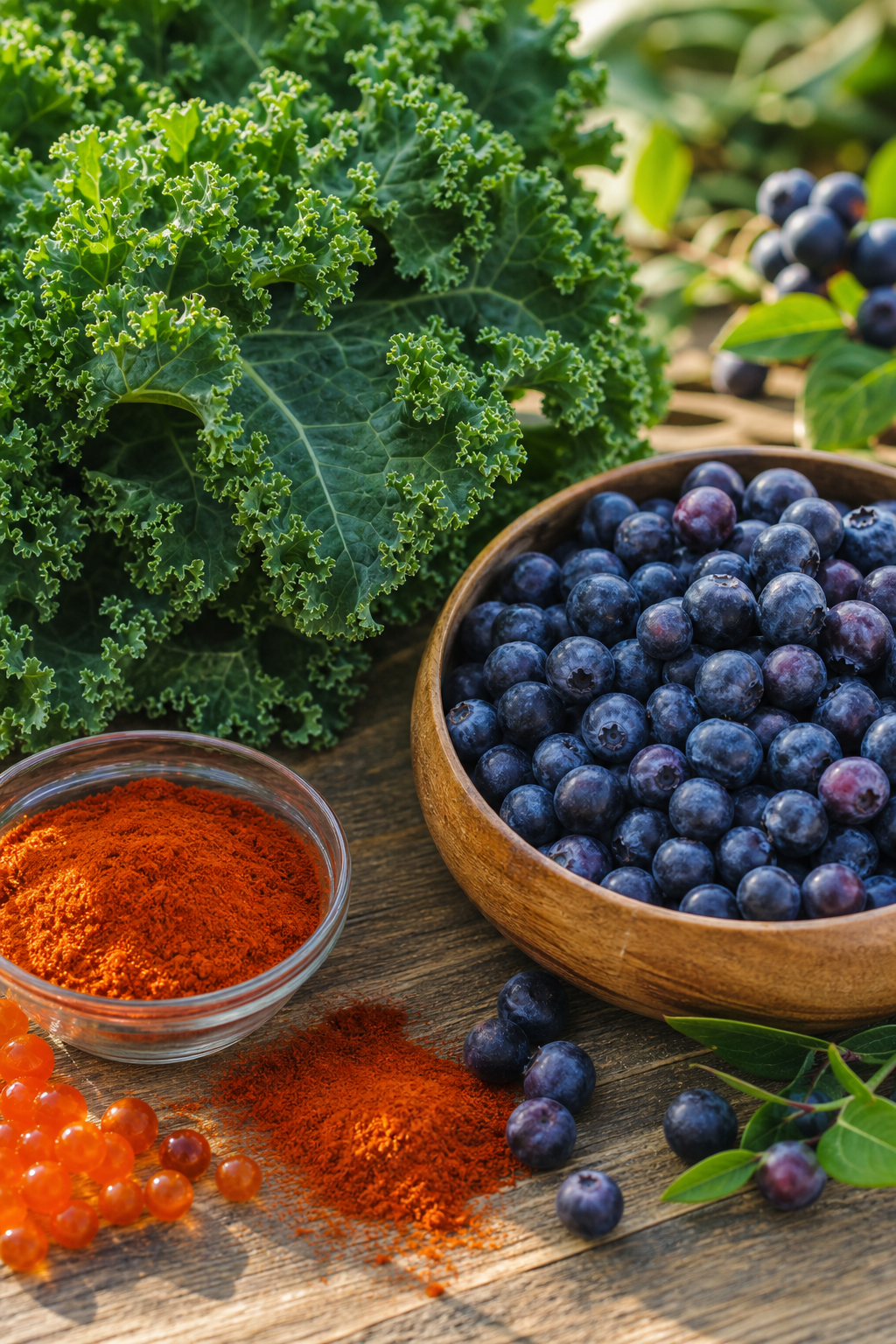 A photorealistic close‑up of natural eye‑health ingredients like lutein‑rich kale, deep‑purple bilberry, and orange‑red