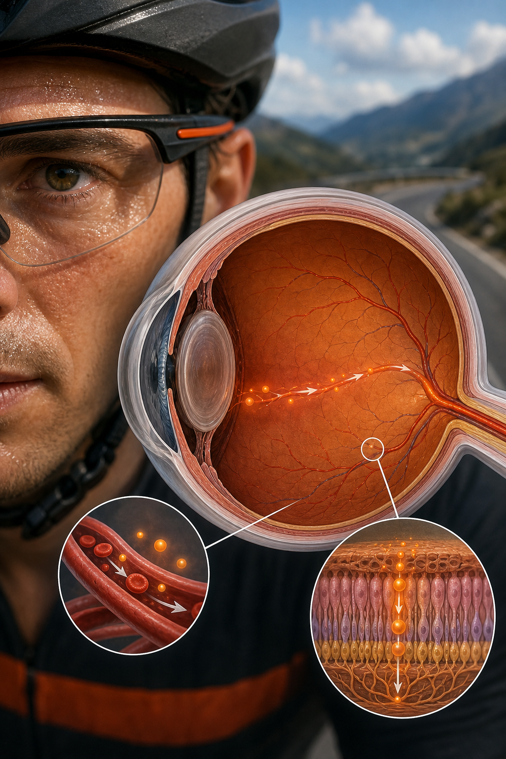 A realistic illustration of a cyclist’s eye anatomy highlighted with blood‑flow arrows, showing how antioxidants reach t