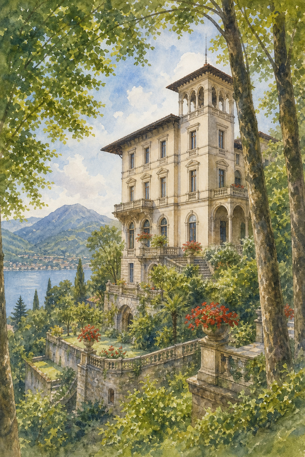 A watercolor illustration of Villino Rubini estate surrounded by beech trees, showing the historic façade and terraced g