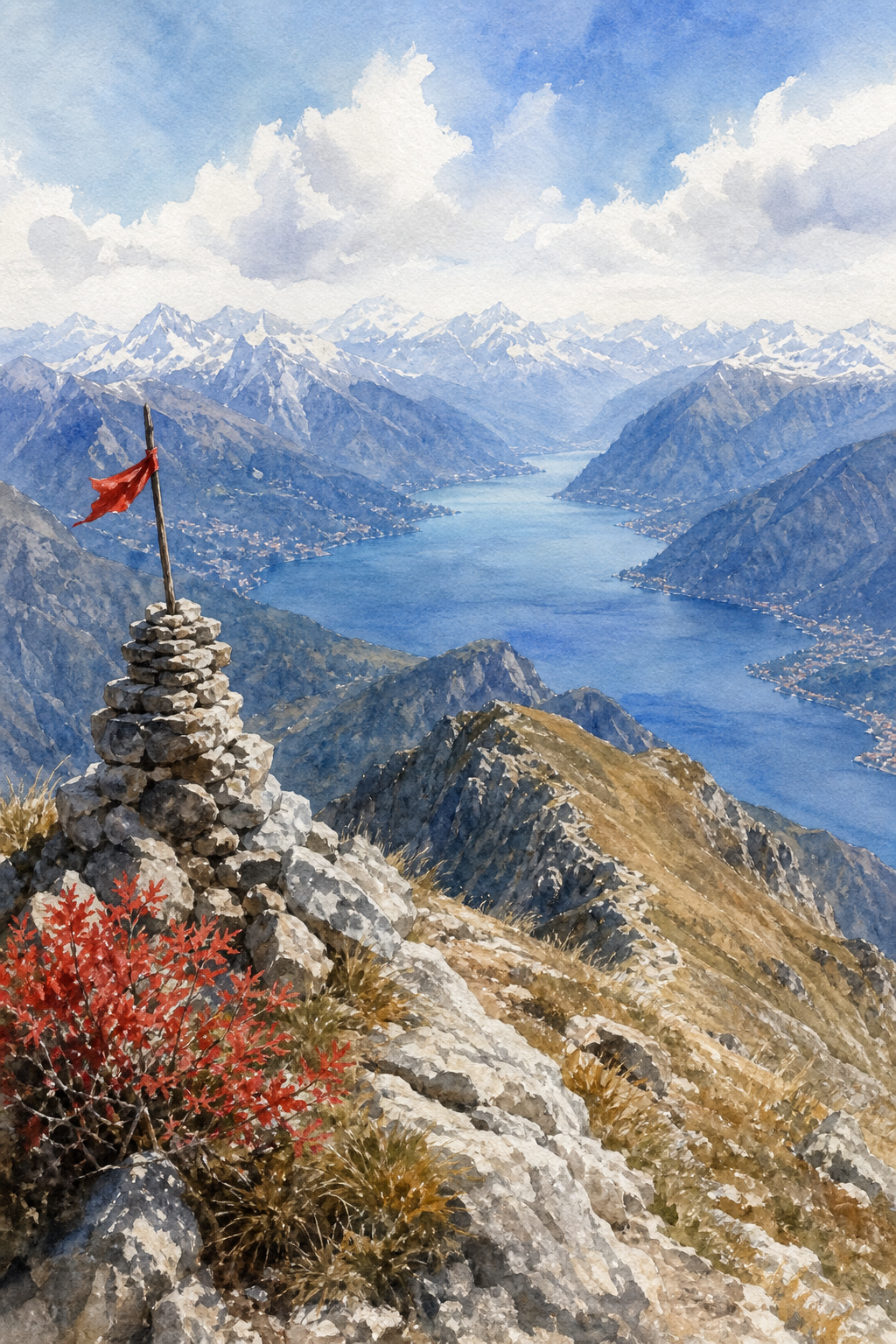 A watercolor scene of the summit of a peak with distant lake and Alpine peaks, alt: View from a peak near Lake Como