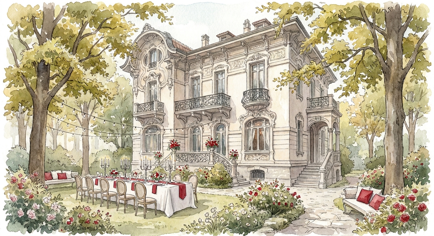 Watercolor illustration of Villino Rubini’s Art Nouveau façade surrounded by beech trees, with a garden set for an elega