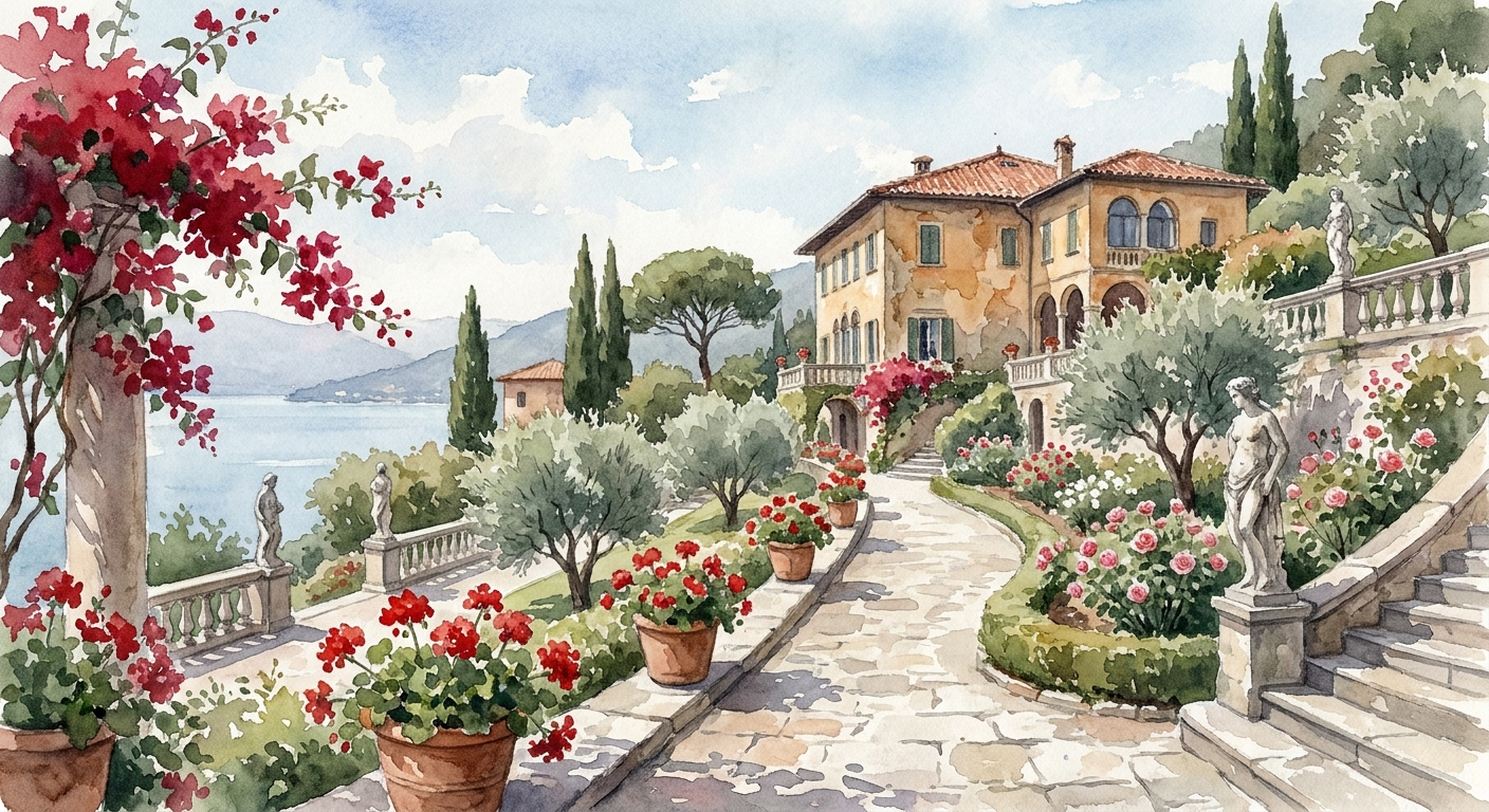 Watercolor illustration of a historic Italian villa surrounded by terraced gardens, with blooming flowers and a stone pa
