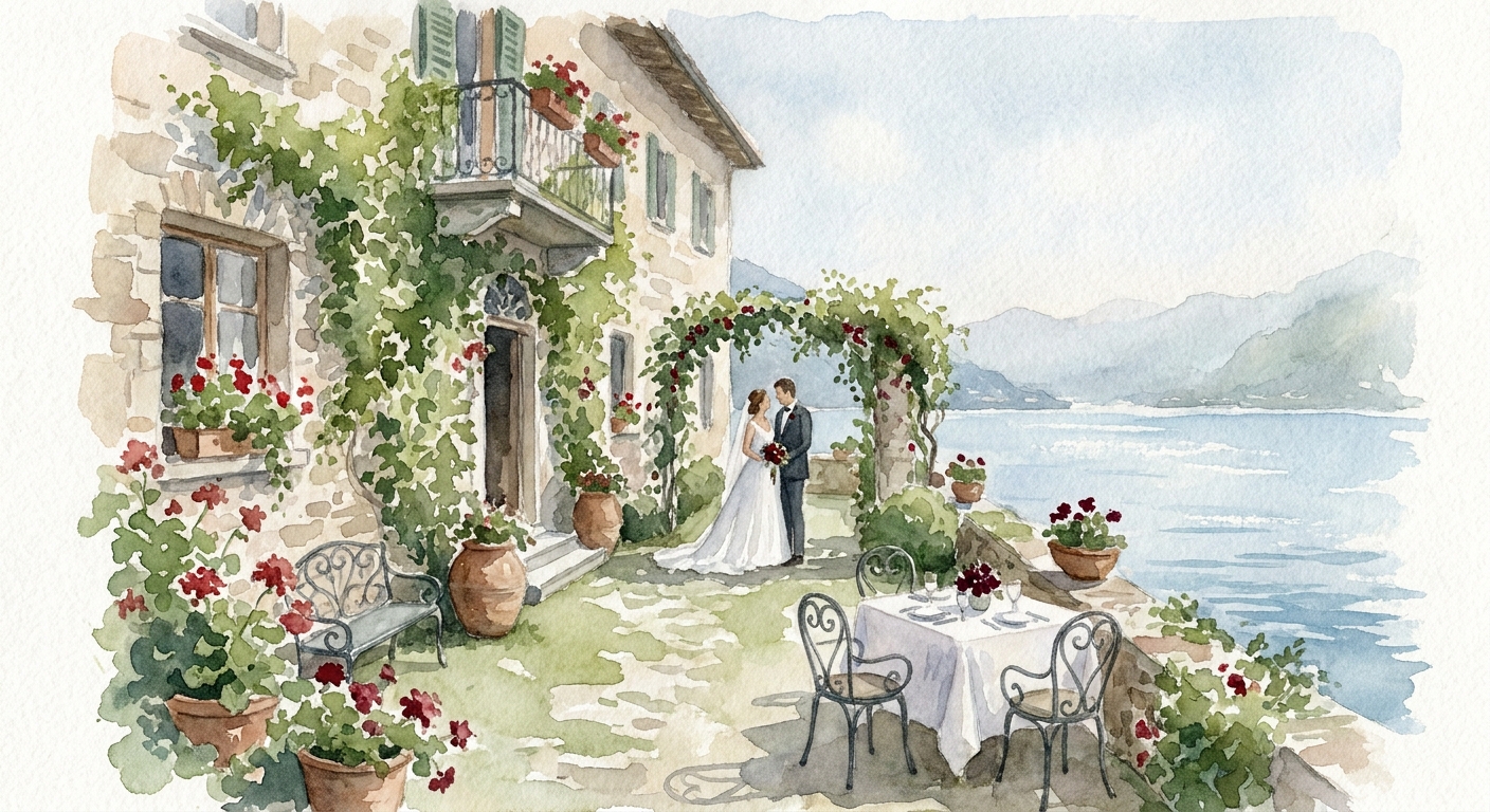 Watercolor scene of a boutique Italian villa with ivy-covered walls and a small garden terrace, alt: Villa Lario garden 