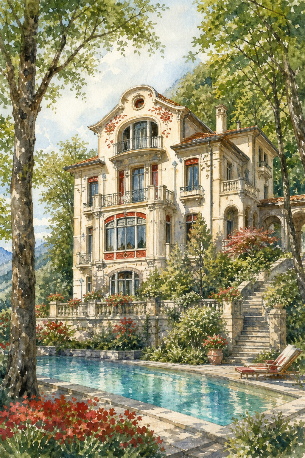Watercolor painting of an elegant Art Nouveau villa surrounded by beech trees, with a heated pool and garden terraces, a