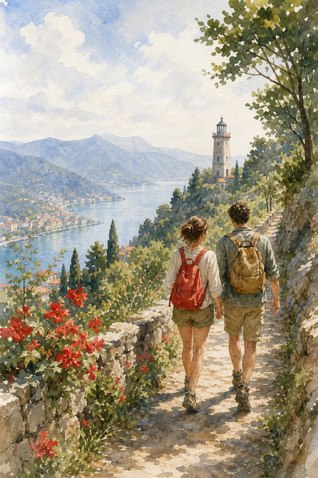 Watercolor illustration of a couple walking along a mountain trail near Brunate, with a lighthouse in the distance, alt: