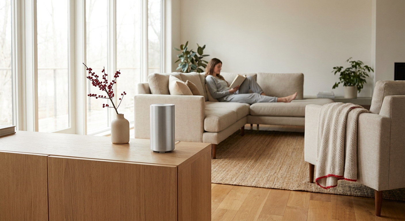 smart Bluetooth cold air diffuser starter kit in a modern open-plan living room.