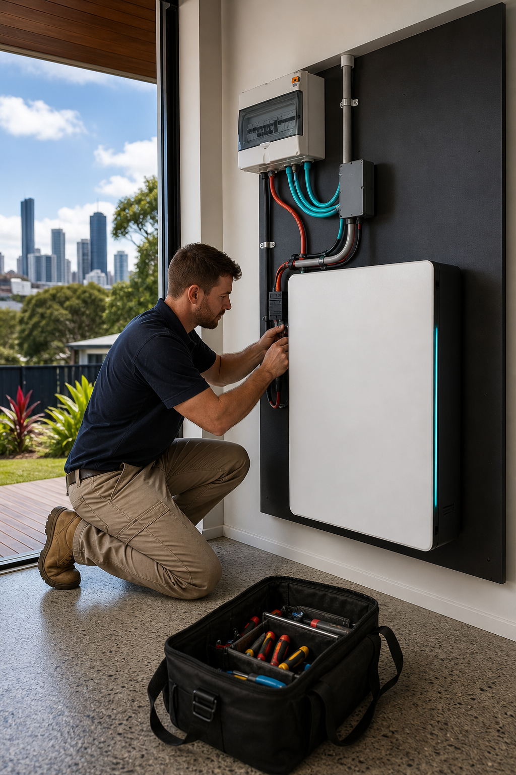A realistic illustration of a licensed electrician installing a home battery unit inside a modern Brisbane home, showing