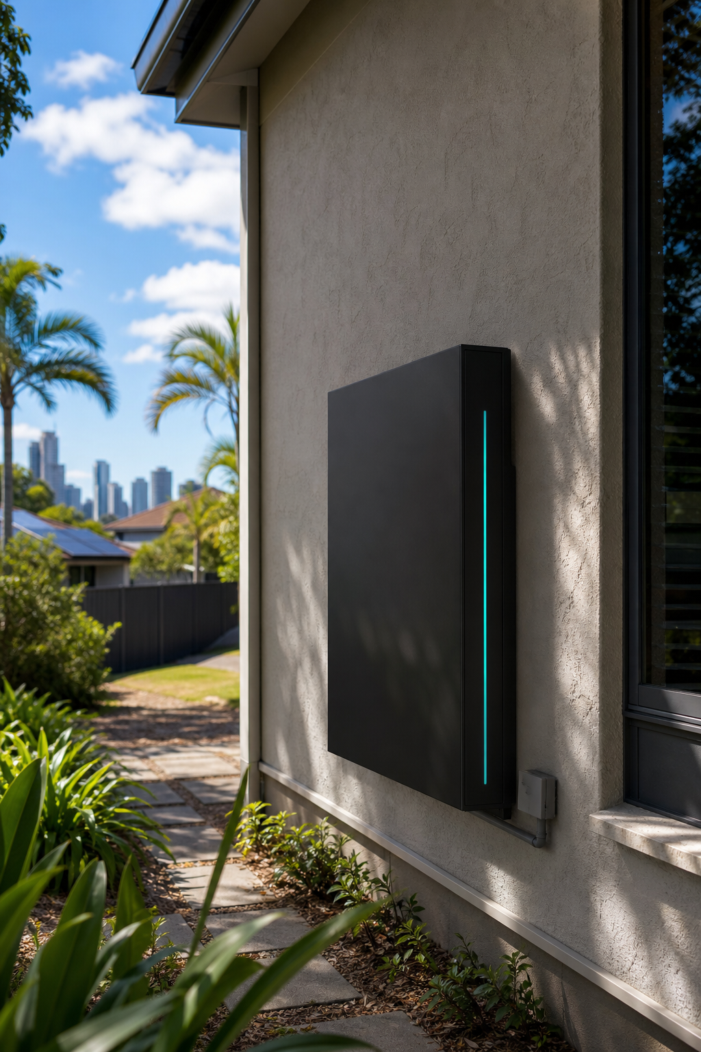 A photorealistic view of a Tesla Powerwall mounted on a Brisbane home’s exterior wall, showing the sleek black box with