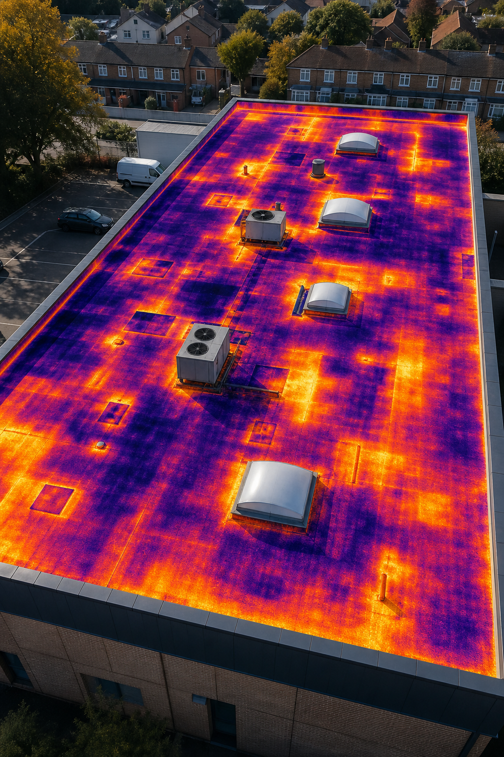 A high‑resolution aerial view of a commercial flat roof with a drone, showing thermal overlay highlighting heat loss are