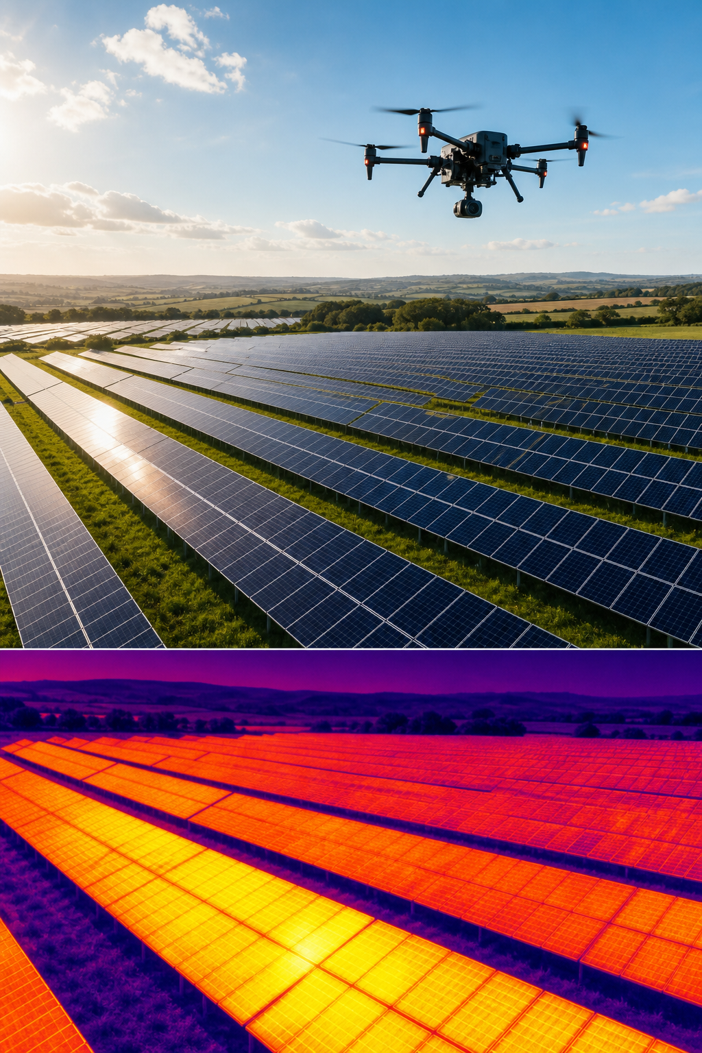 A drone flying over a sprawling solar farm, with a split‑screen view showing thermal imaging of panels, realistic sunlig