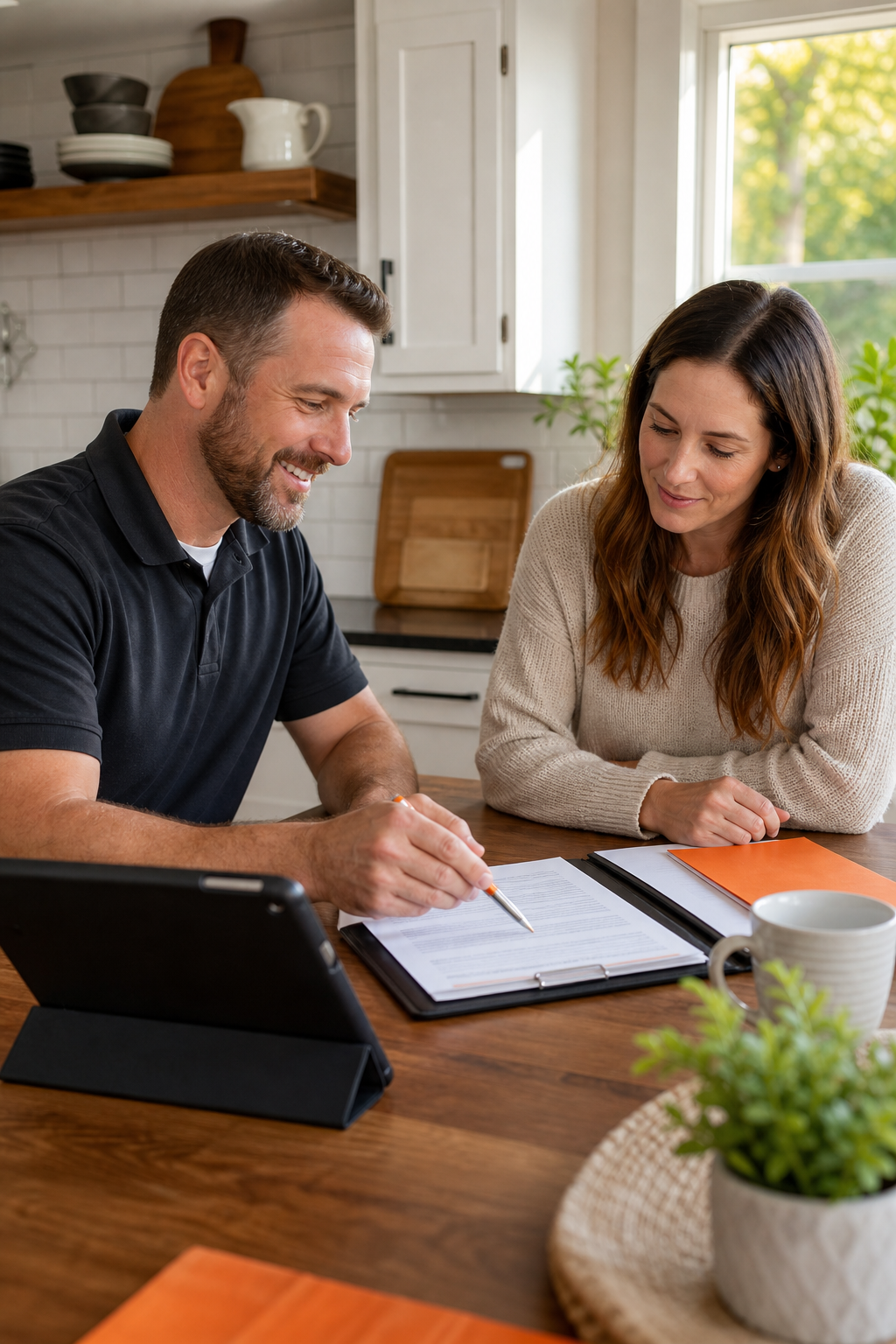A realistic scene of a friendly HVAC technician reviewing a financing contract with a homeowner on a kitchen table, sunn