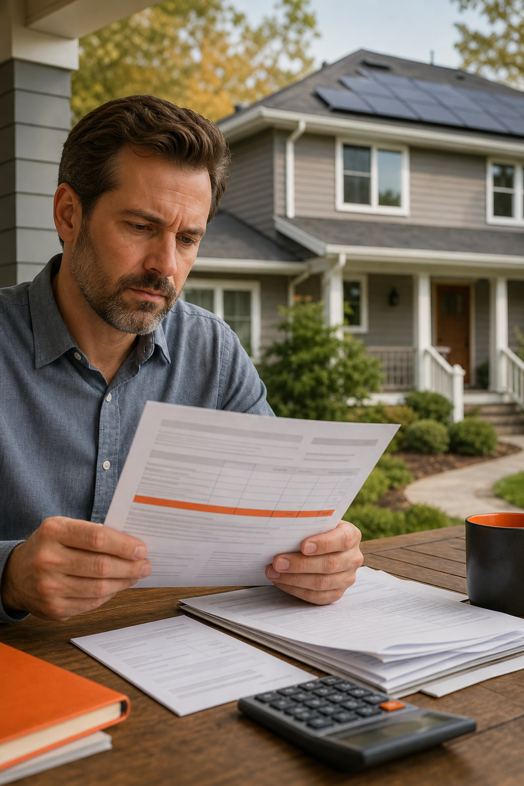 Realistic illustration of a homeowner reviewing a property‑tax statement that includes a PACE assessment, with a house i