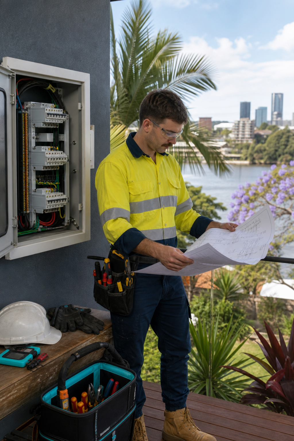 Realistic scene of a licensed electrician reviewing a switchboard blueprint on a Brisbane home, with tools and safety ge