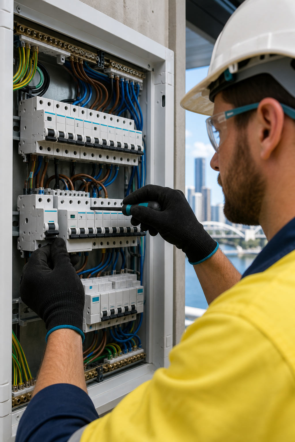 Close-up of a modern switchboard panel being installed by a fully licensed electrician in a Brisbane commercial building