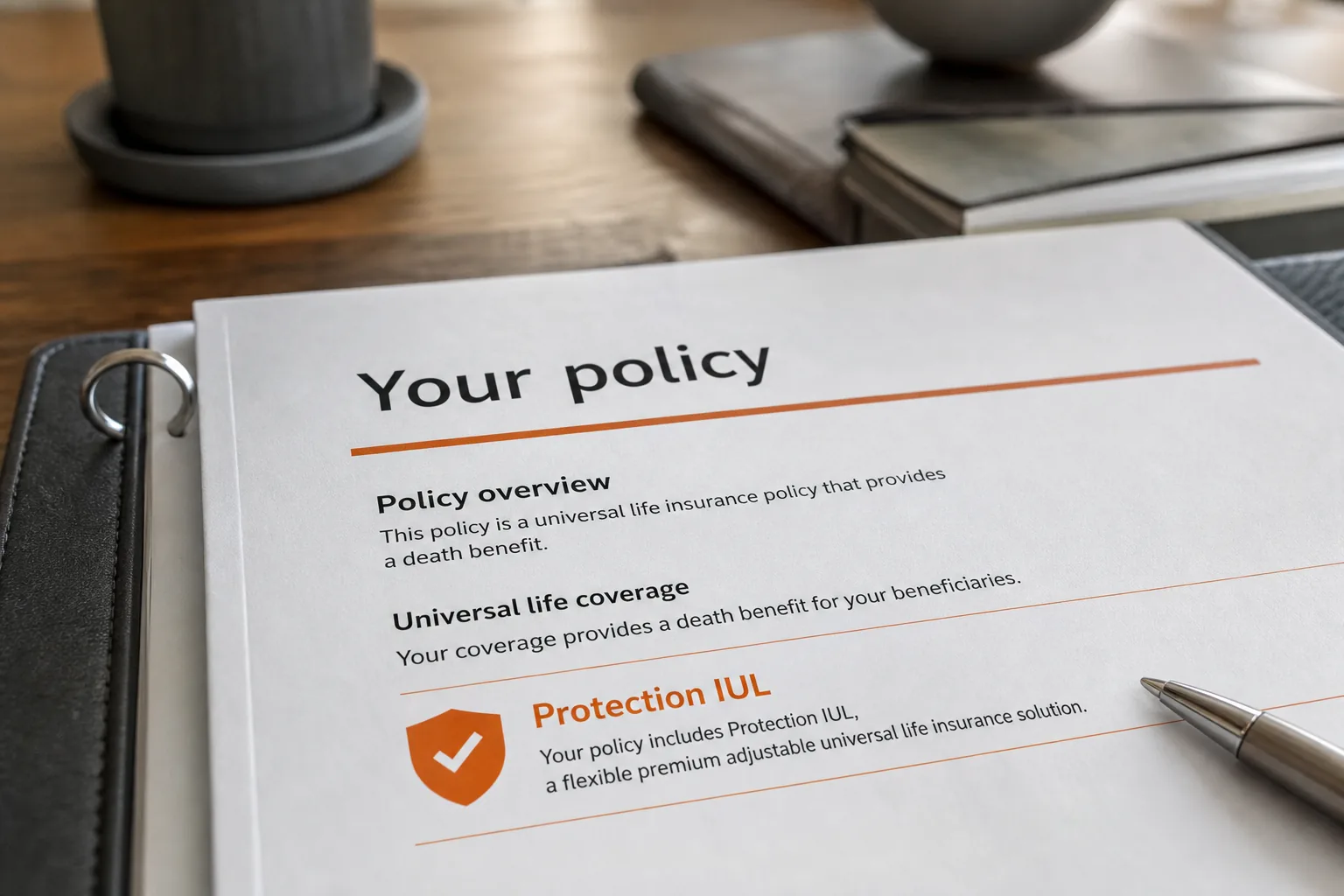 A close‑up of a Prudential policy document highlighting the protection IUL, realistic style