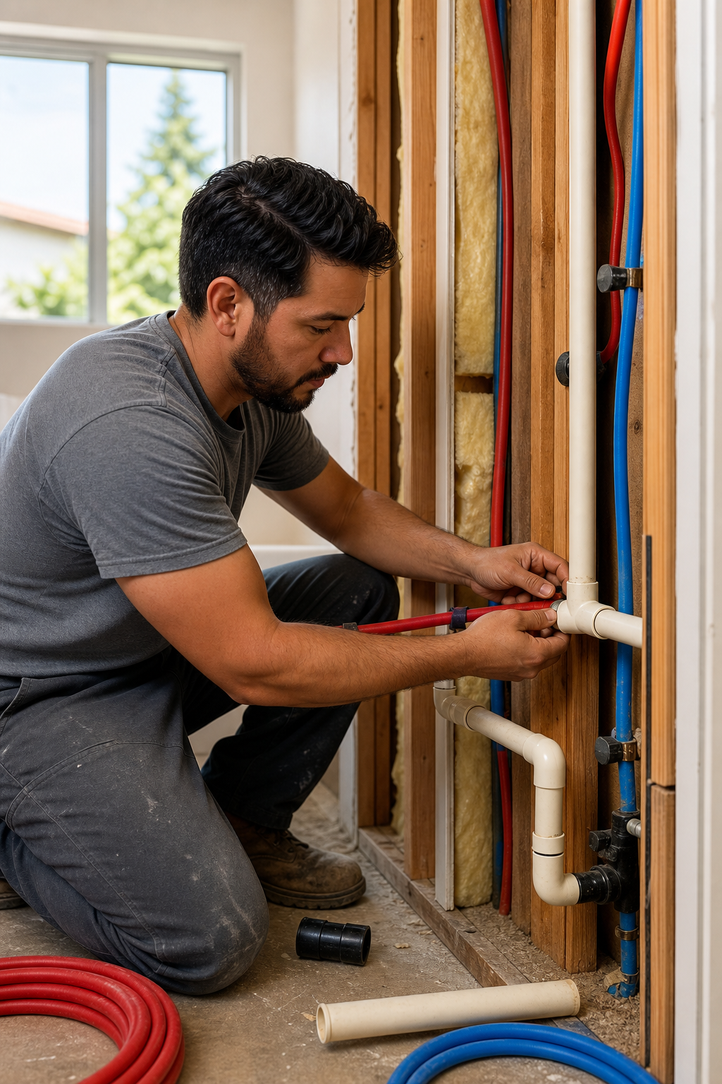 A realistic illustration of a plumber installing new piping in an Orange County home, showing both CPVC and PEX tubes, b