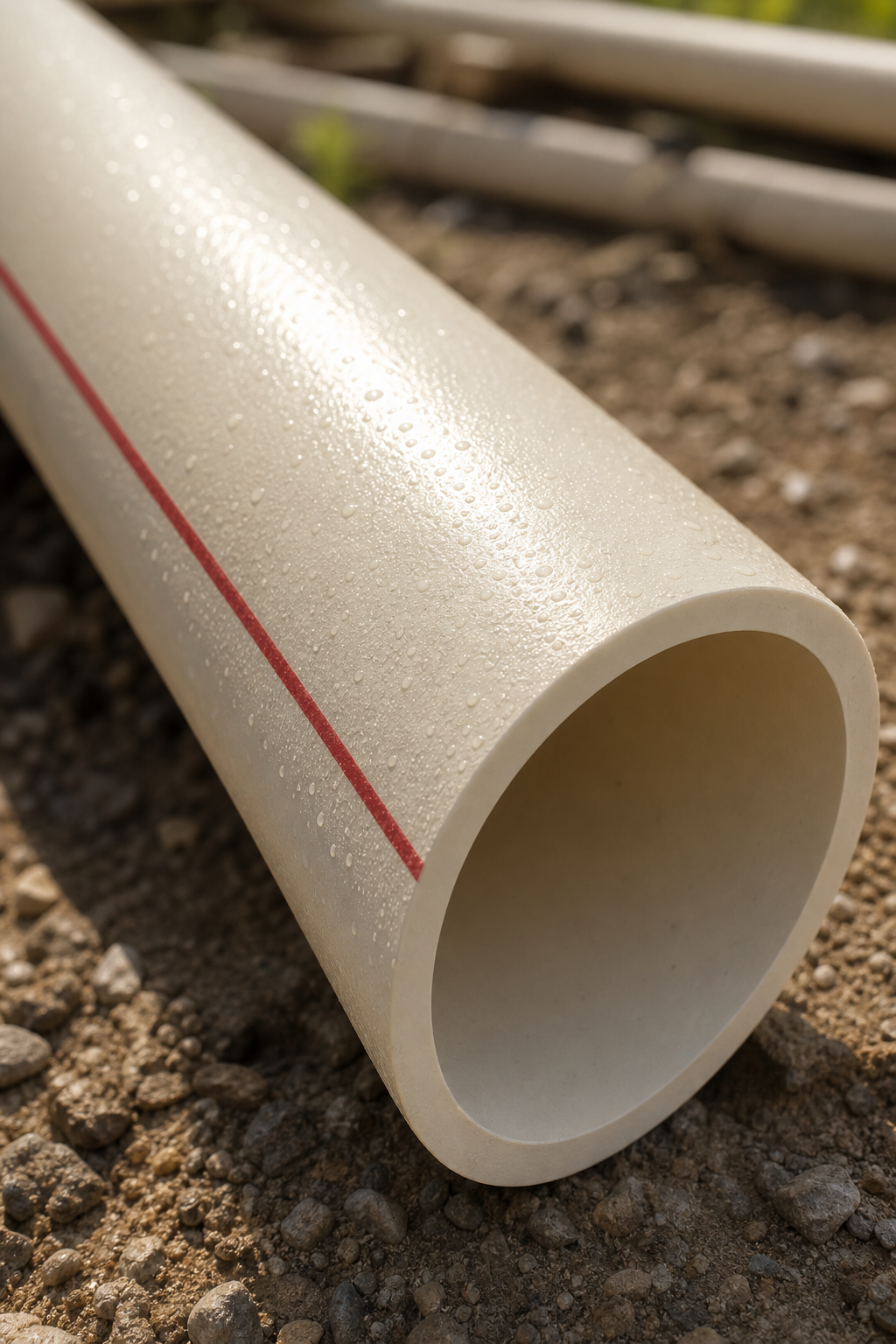 Close-up of CPVC pipe showing UV‑resistant coating and texture, with sunlight glinting off the surface.