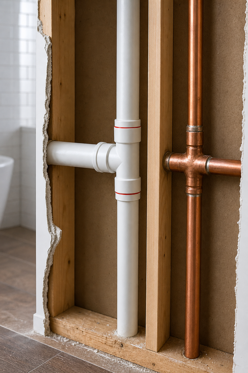 Rigid plastic pipe installation diagram in a residential setting.