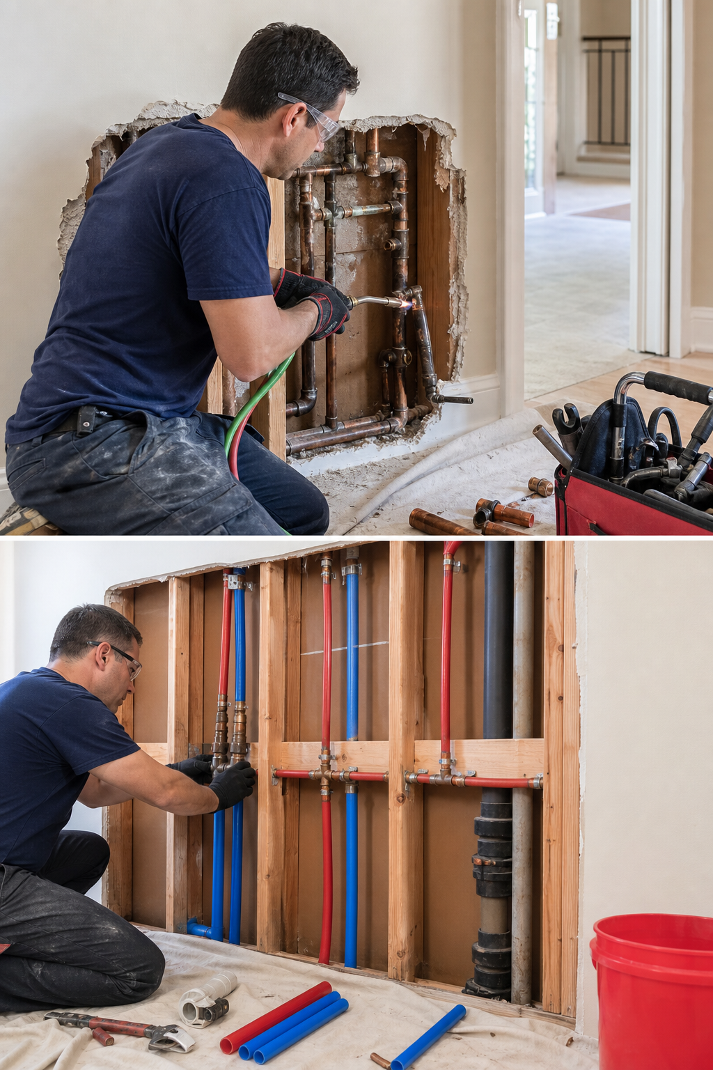 repiping process illustration showing old pipes being removed and new PEX installed.