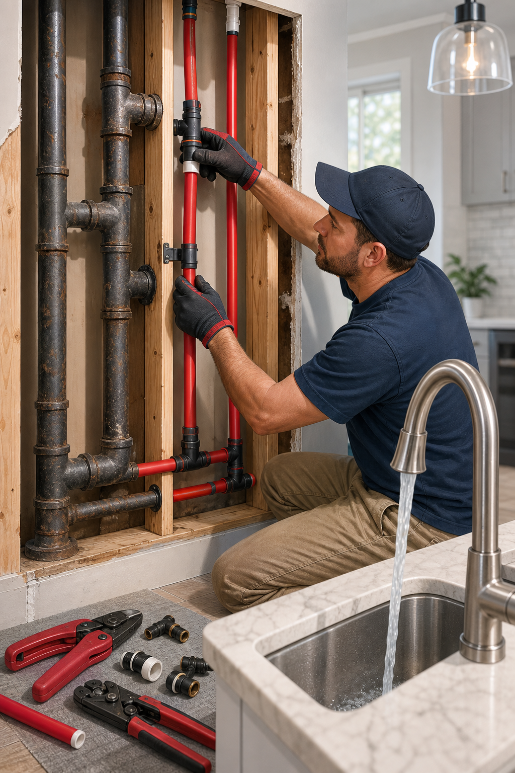 Illustration of a plumber replacing old iron pipes with new PEX piping inside a modern home, showing clear water flowing