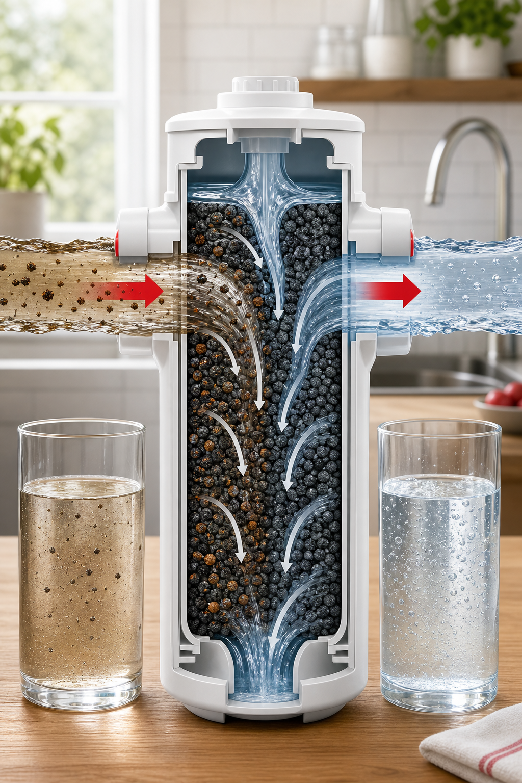 Illustration of water flowing through a filter cartridge, iron particles being captured, clear water exiting, bright kit