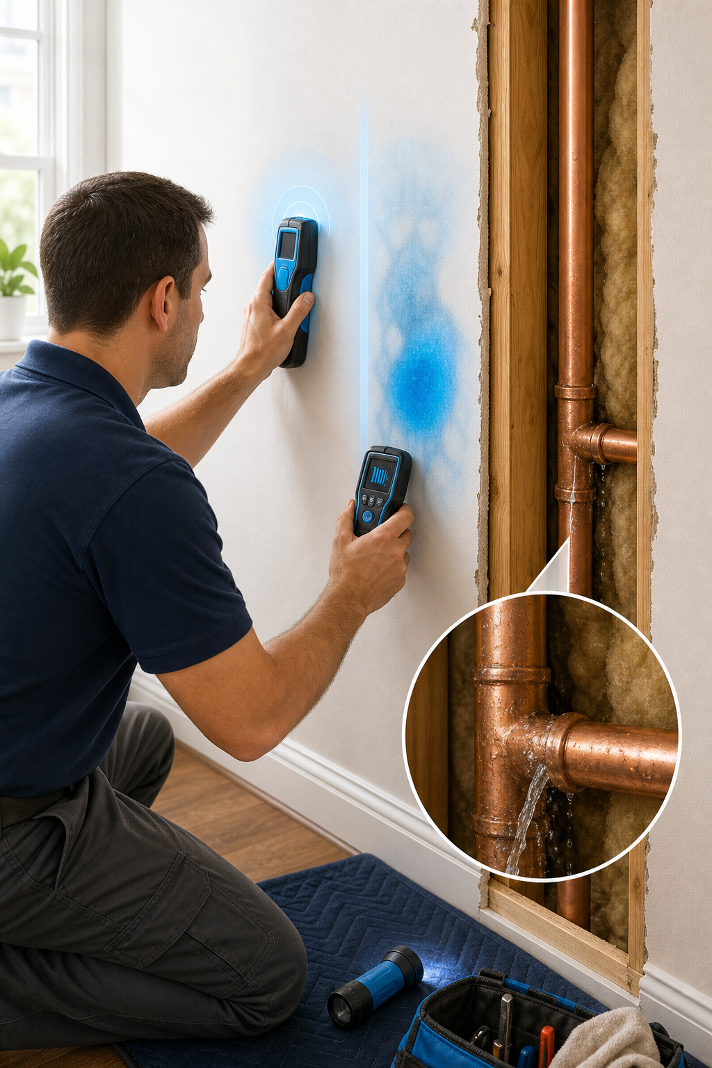 detecting leaking pipes in wall with handheld tools