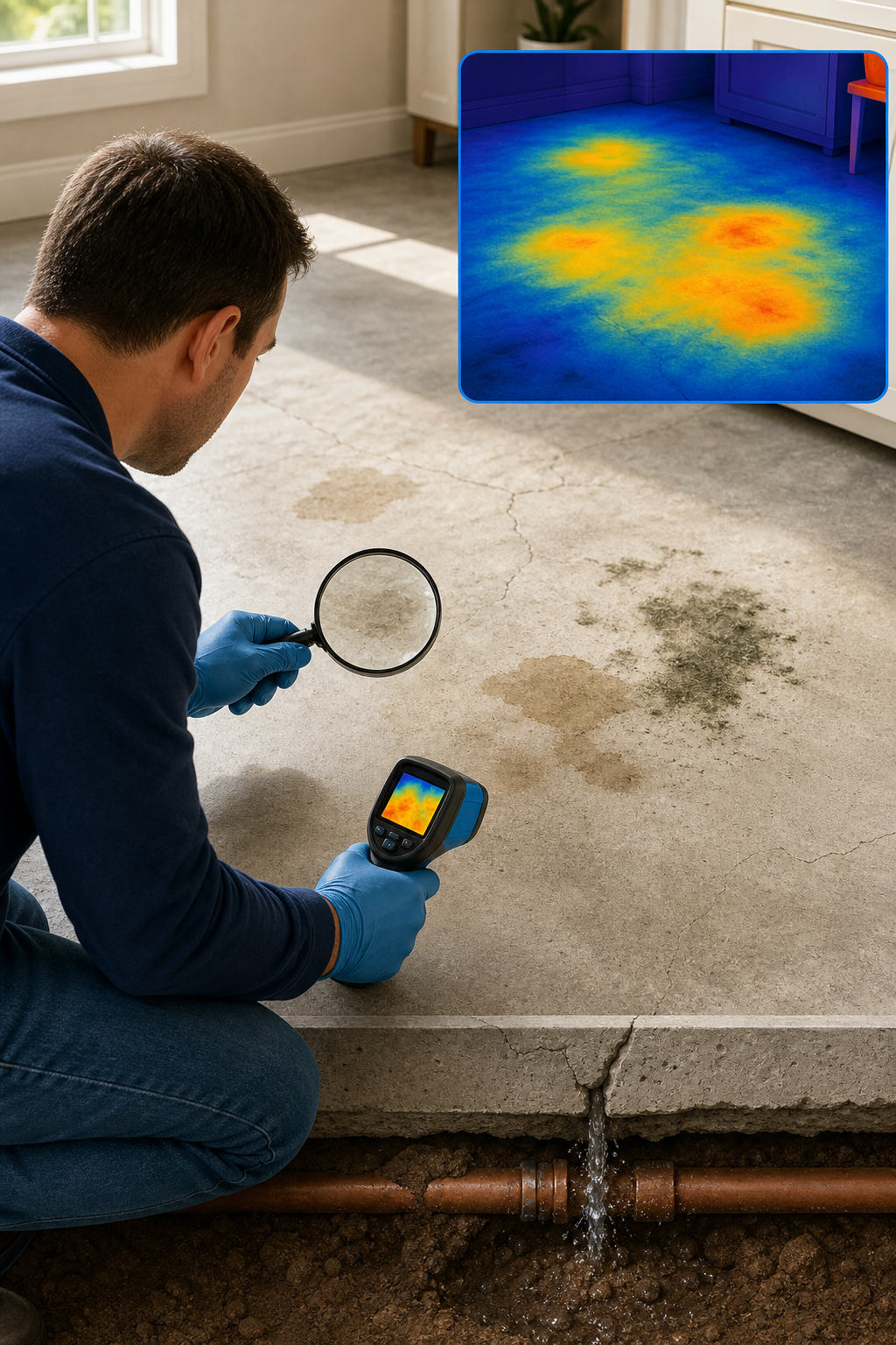 An illustration of a homeowner inspecting a concrete slab floor for warm spots, water stains, and mold, with a magnifyin