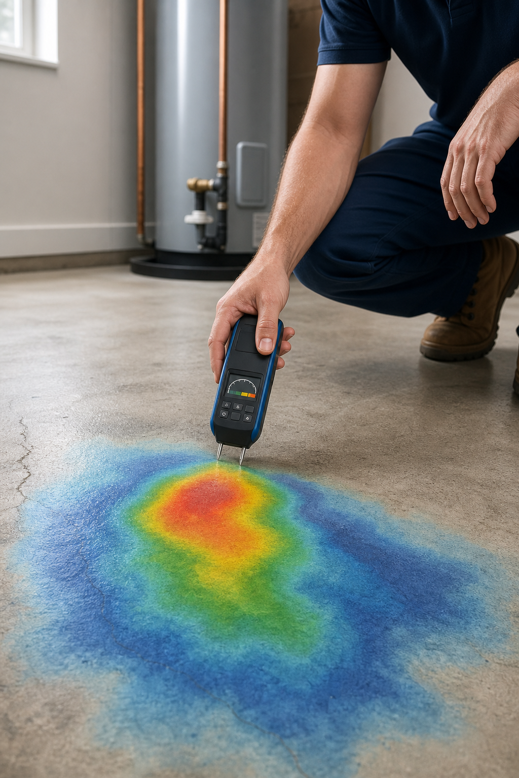 An illustration showing a homeowner holding a handheld moisture meter over a concrete slab, with a heat‑map overlay indi