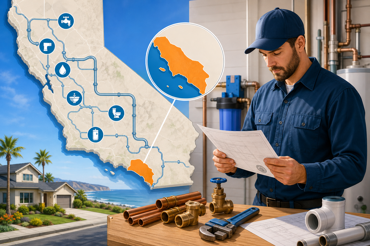 An illustration of a California map with plumbing symbols, highlighting Orange County, showing a licensed contractor rev