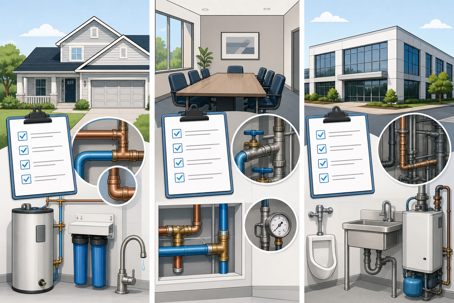 An illustration of a residential home, an HOA board meeting, and a commercial building, each with a checklist of licensi