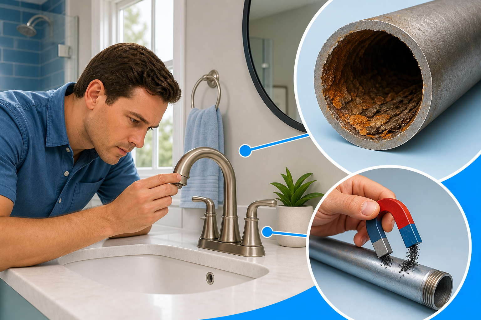 An illustration showing a homeowner inspecting a bathroom faucet, a pipe cross‑section with rust, and a magnet test on a