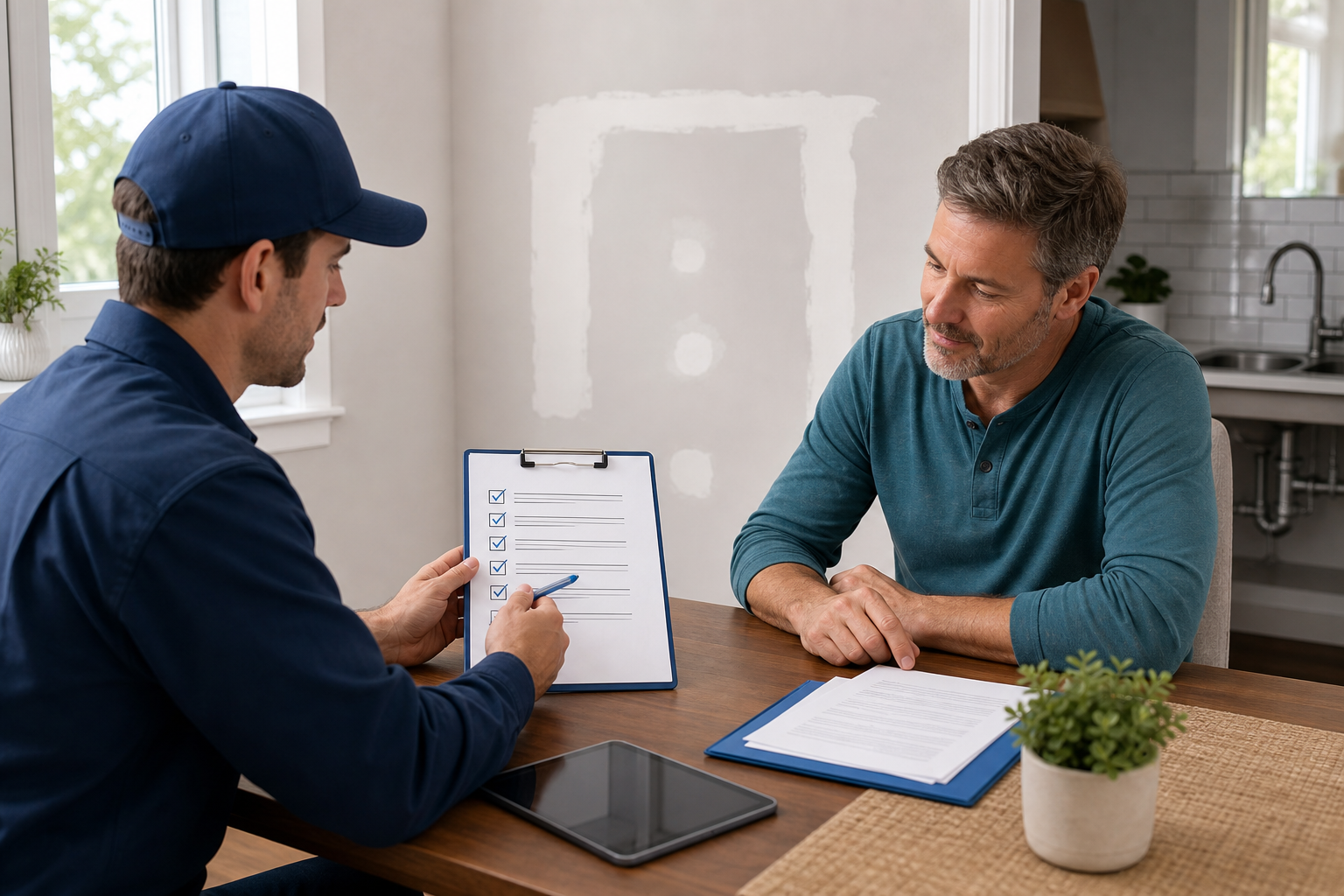 An illustration of a homeowner and plumber reviewing a checklist beside freshly patched drywall, with warranty paperwork on