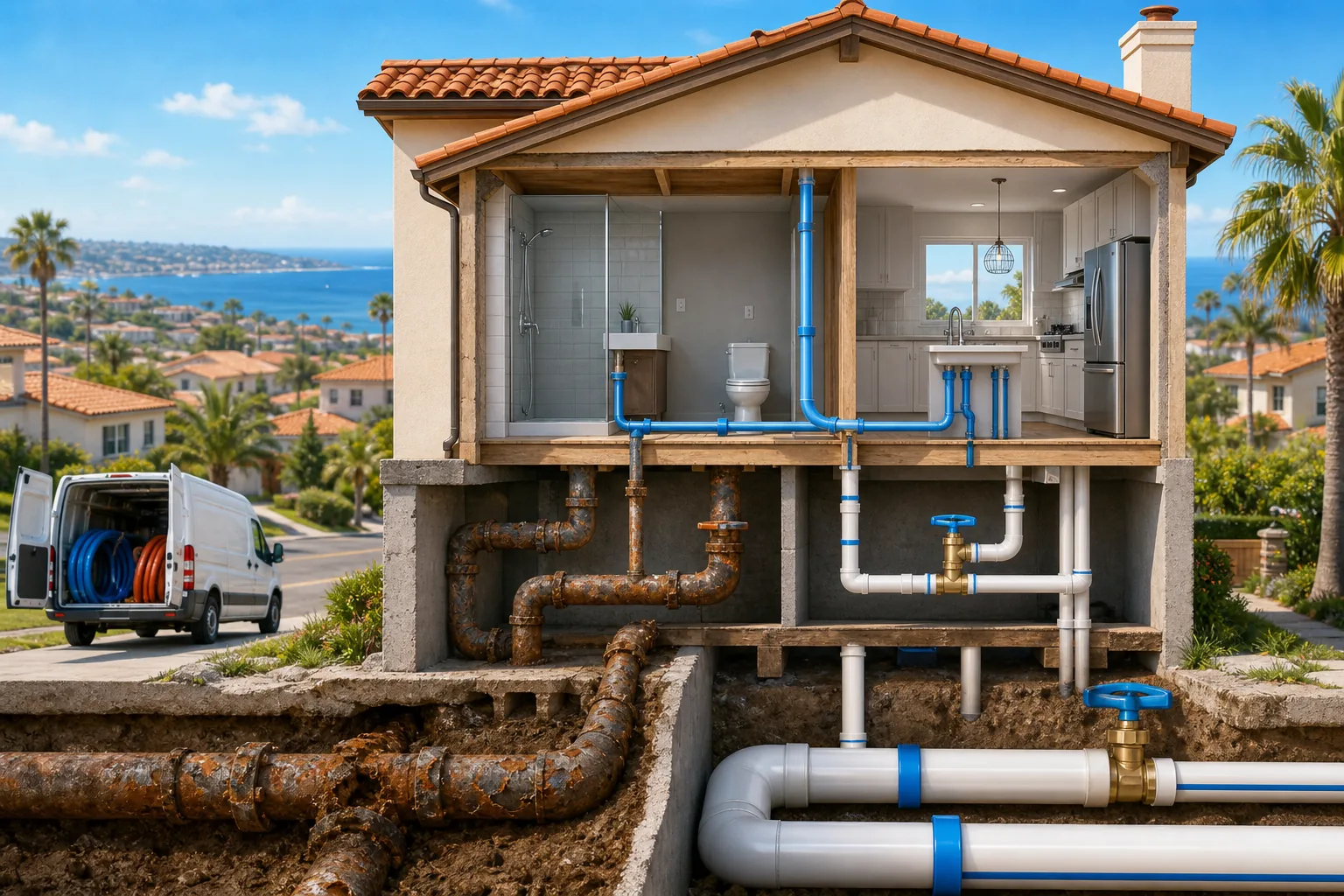 re-piping process diagram showing old vs new pipes