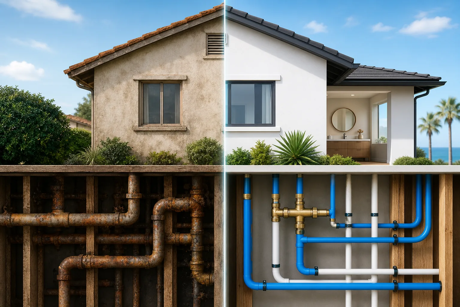 PEX repipe before and after illustration for Orange County home