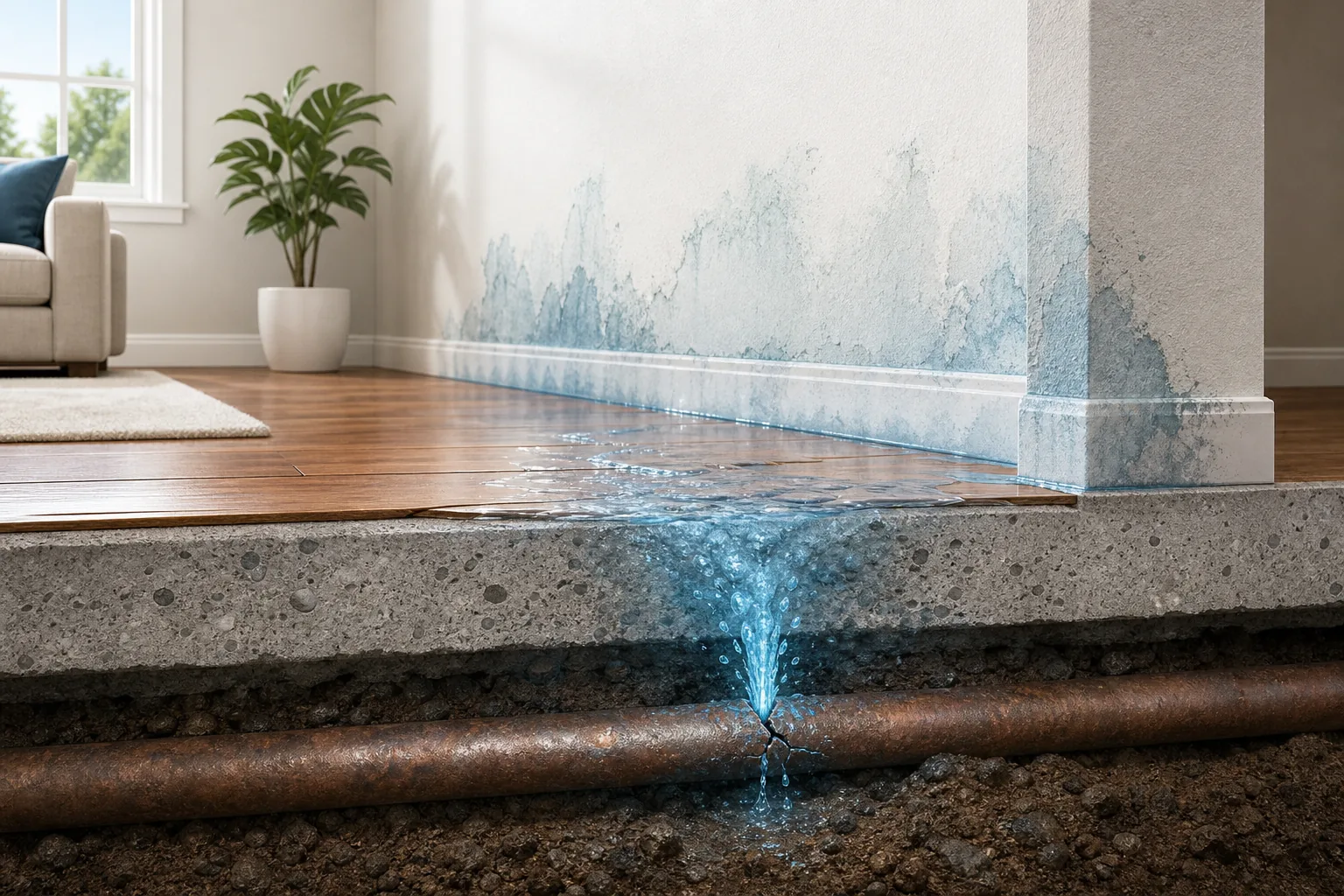 Diagram of slab leak beneath home foundation